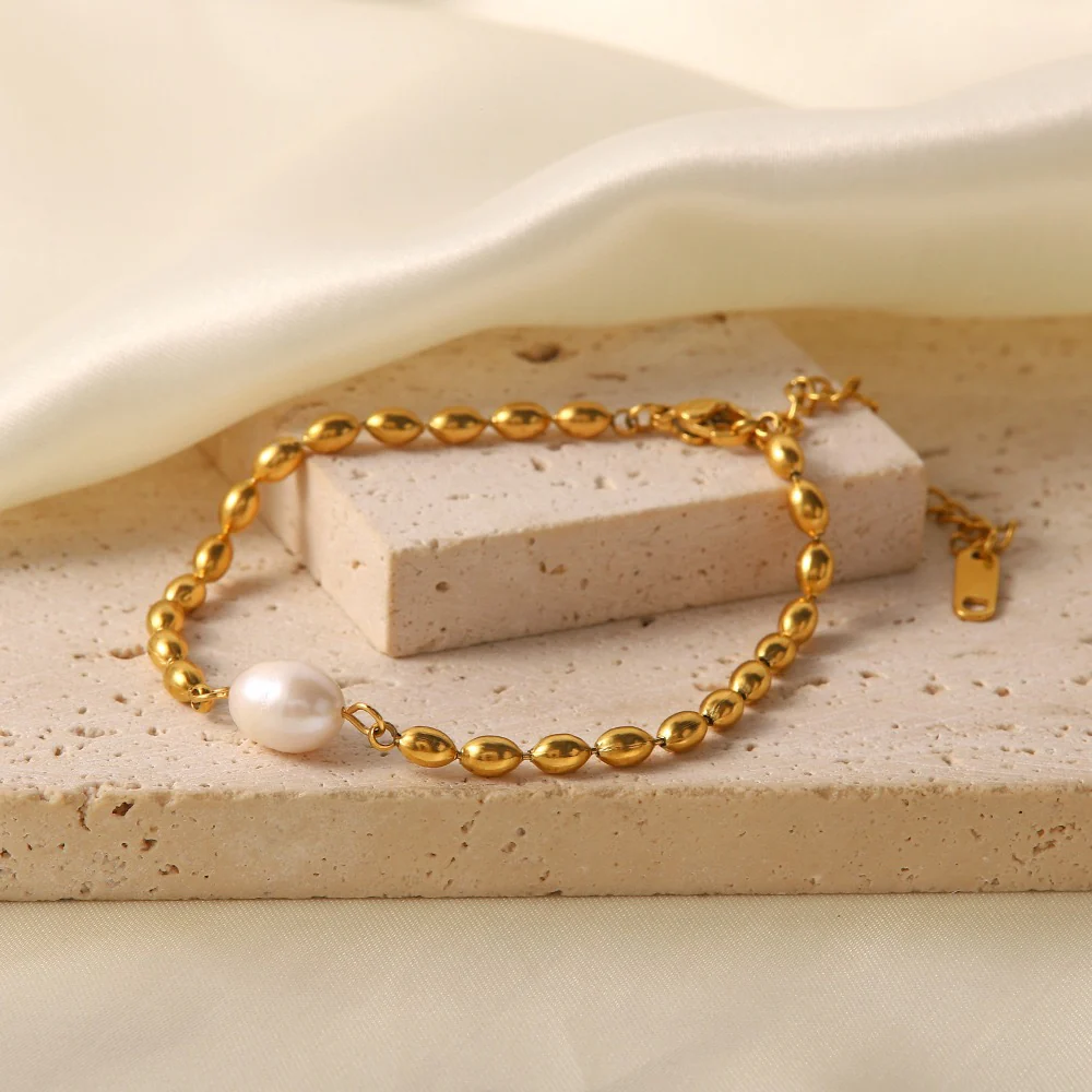 Natural Pearl Gold Stainless Steel Necklace Bracelet