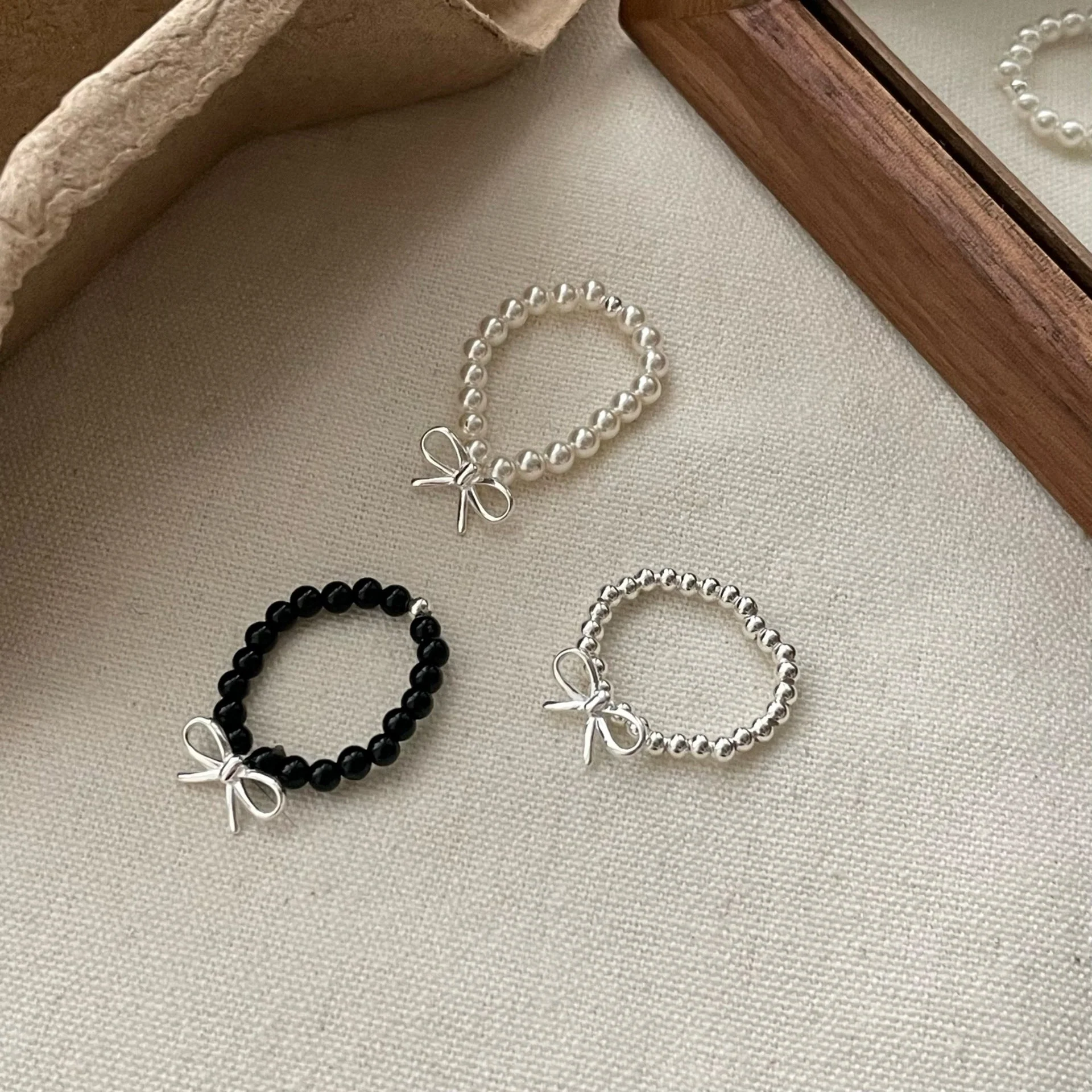 S925 Sterling Silver Bow Beaded Ring