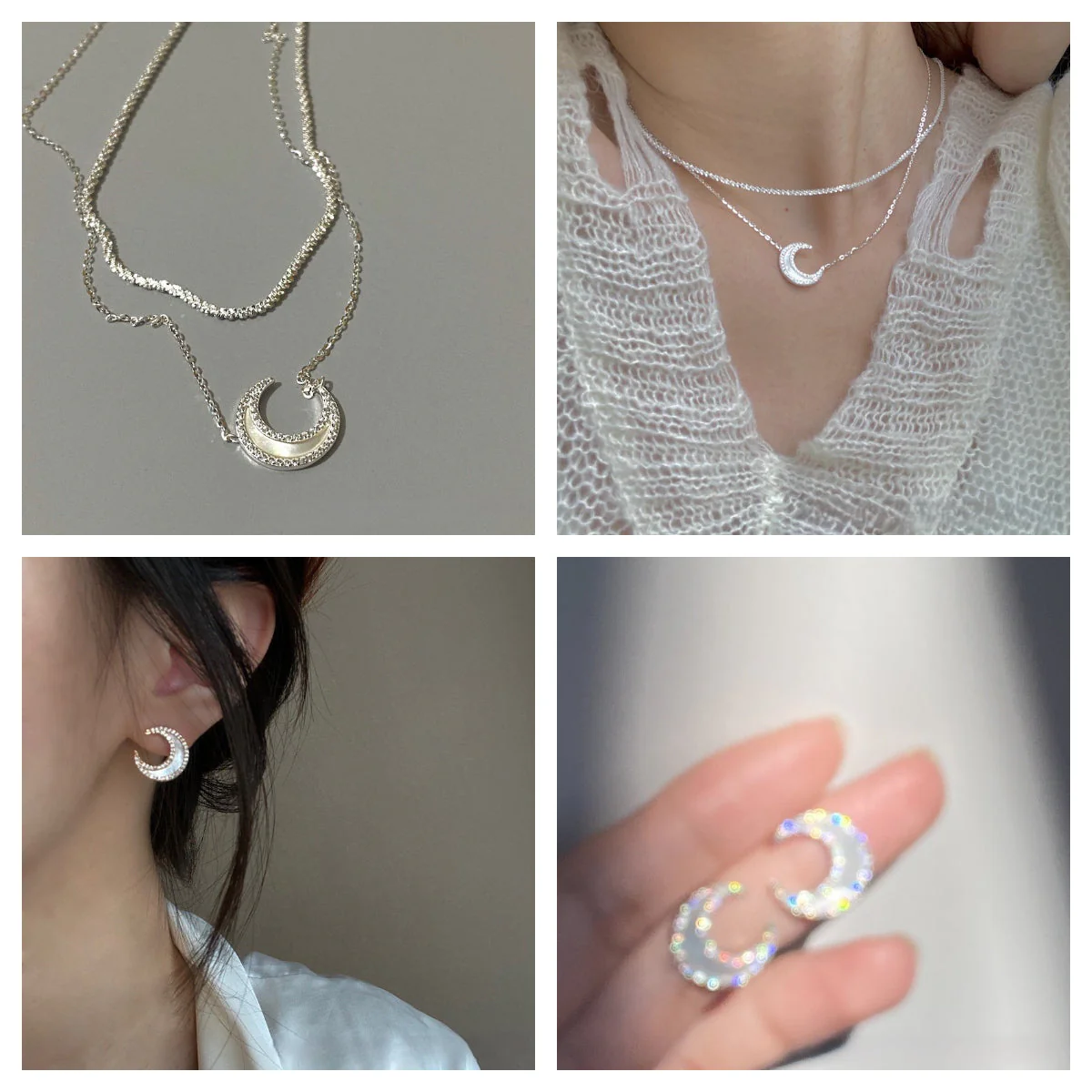 Deep Sea Natural White Mother Shell s925 Sterling Silver Moon Necklace Earring Set