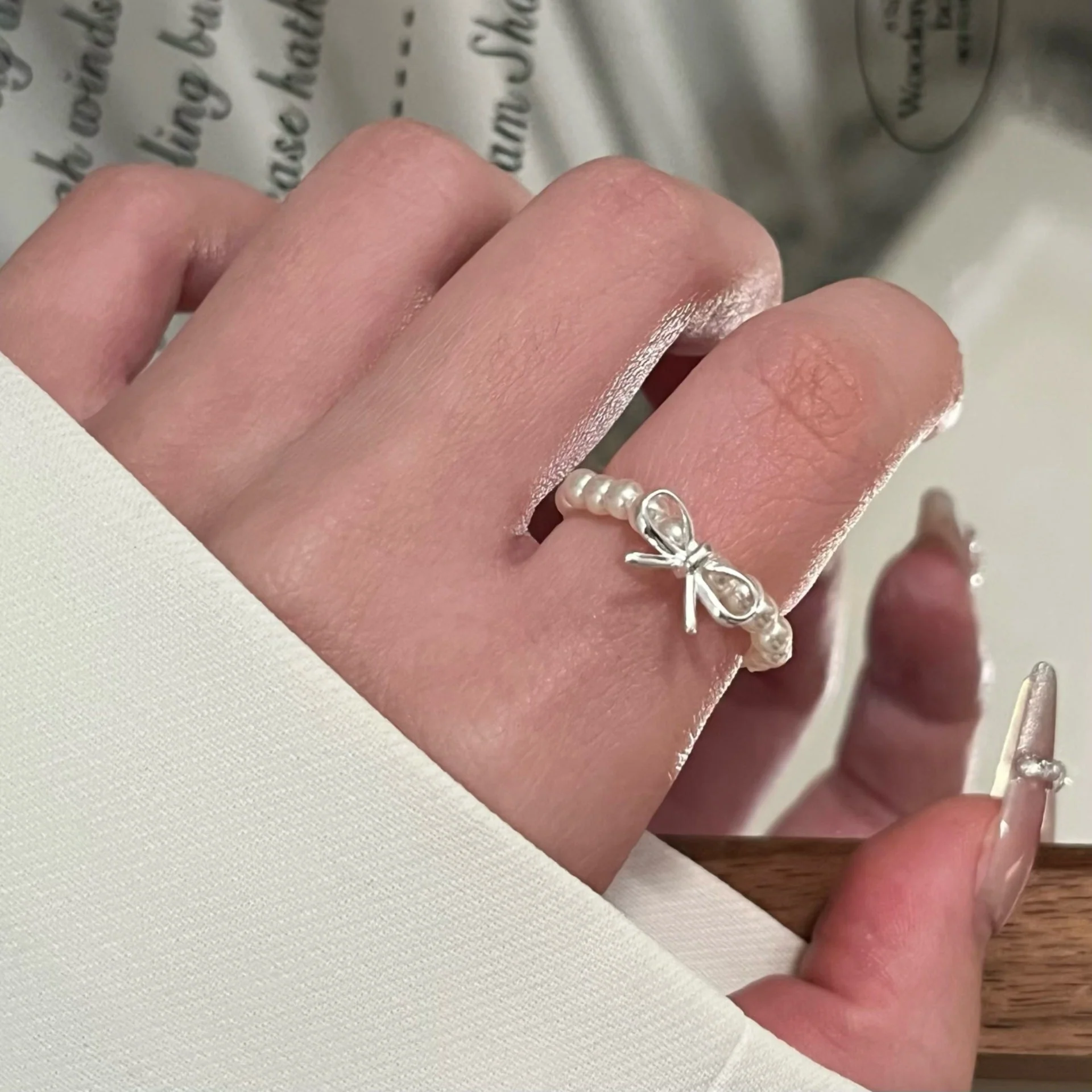 S925 Sterling Silver Bow Beaded Ring