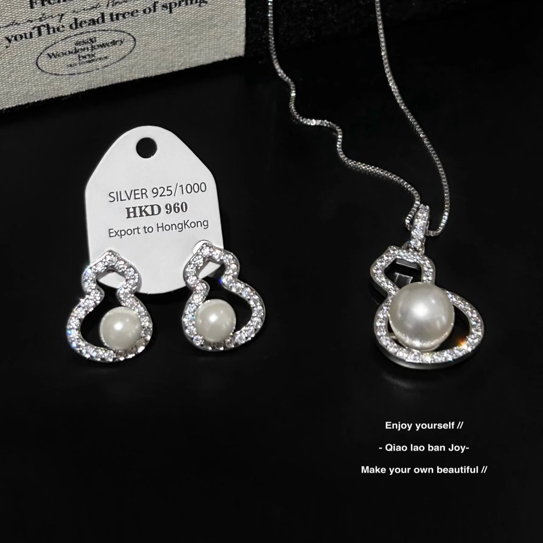 Hulu necklace earring set 925 silver needle pearl sparkling diamond