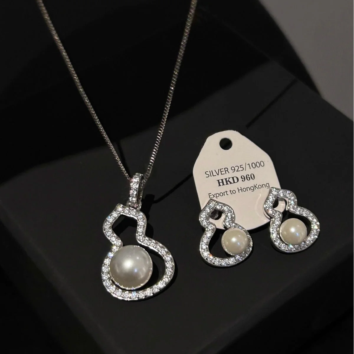 Hulu necklace earring set 925 silver needle pearl sparkling diamond