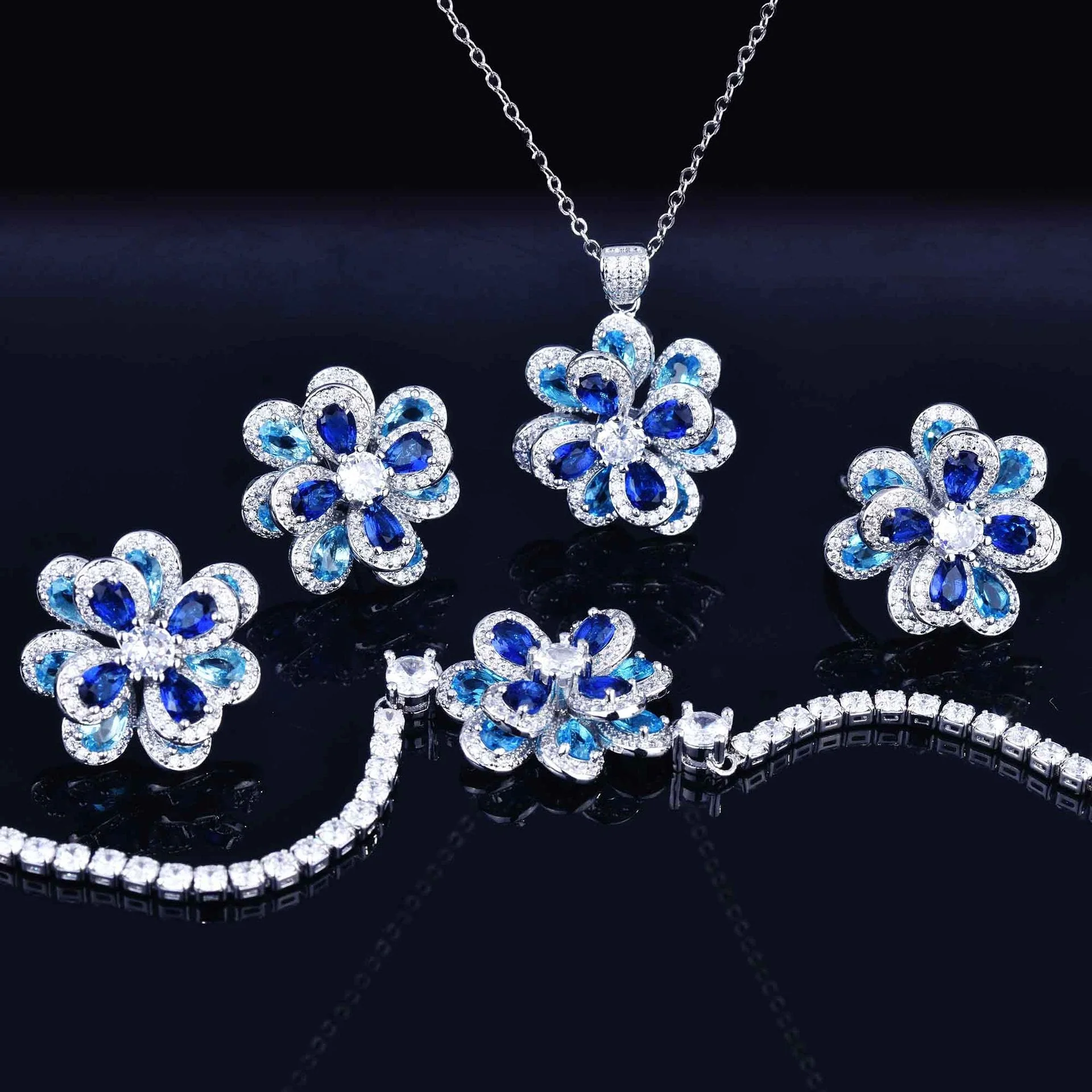 Zircon Flower Silver Needle Earrings Camellia Necklace Bracelet Ring Set