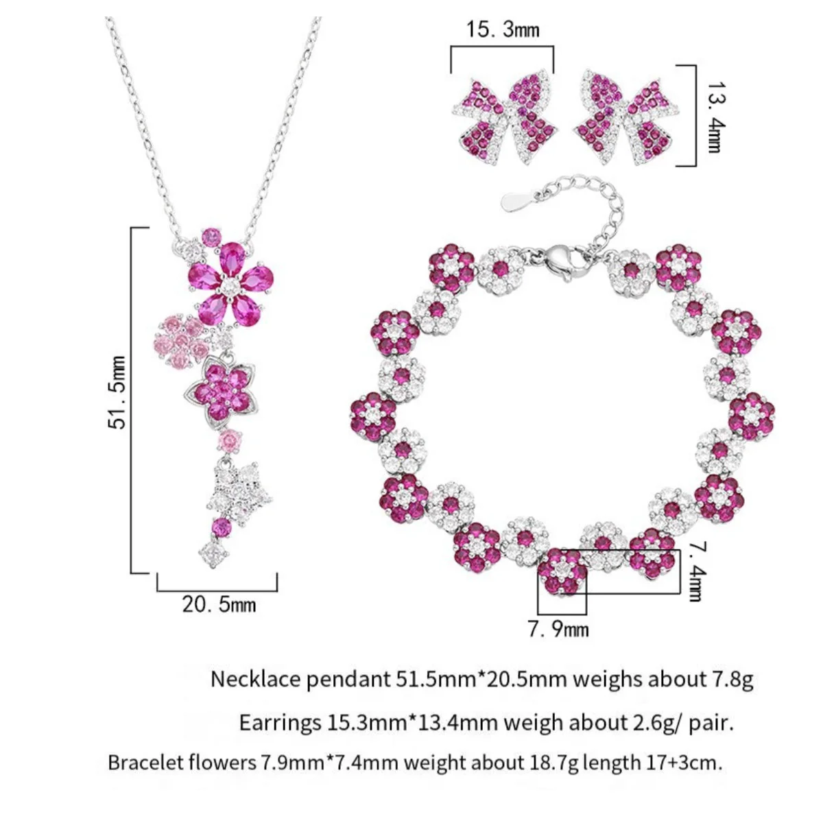 Red corundum zircon flower earrings bracelet necklace set