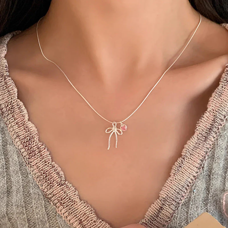 S925 Sterling Silver Bow Pink Diamond Love Necklace