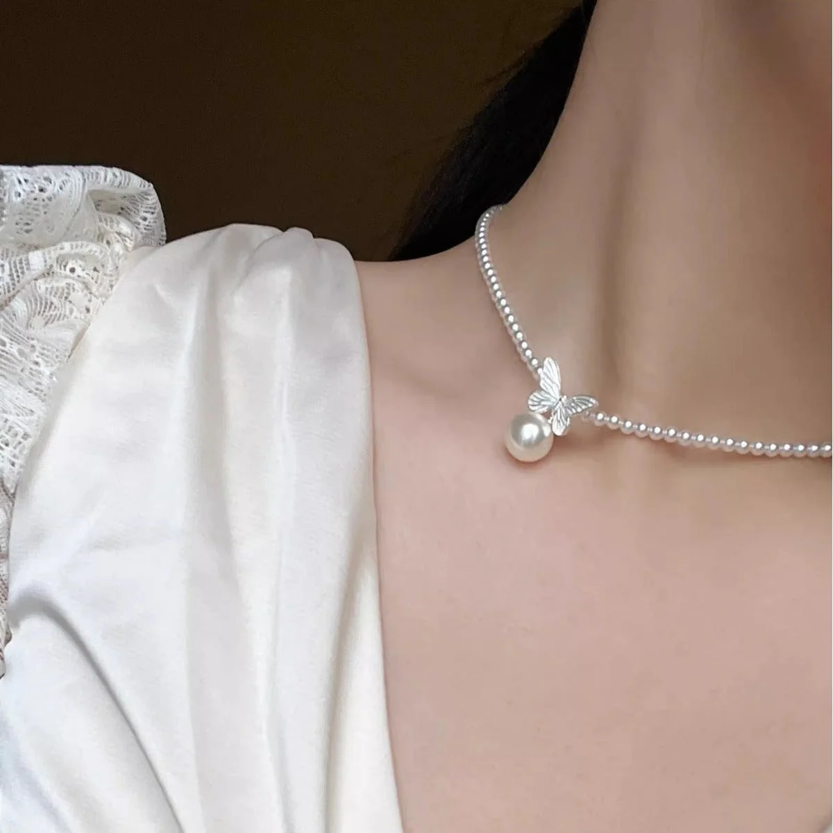 S925 Sterling Silver Pearl Butterfly Necklace