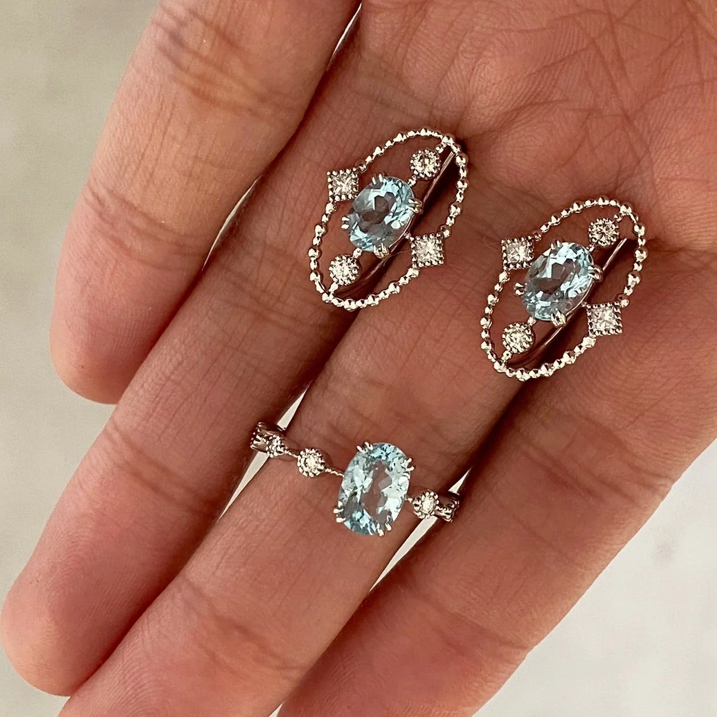 S925 sterling silver palaiba lace navy blue treasure Topaz ring stud earrings suit