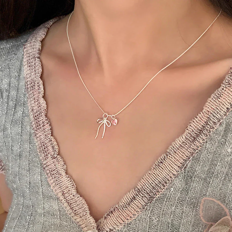 S925 Sterling Silver Bow Pink Diamond Love Necklace