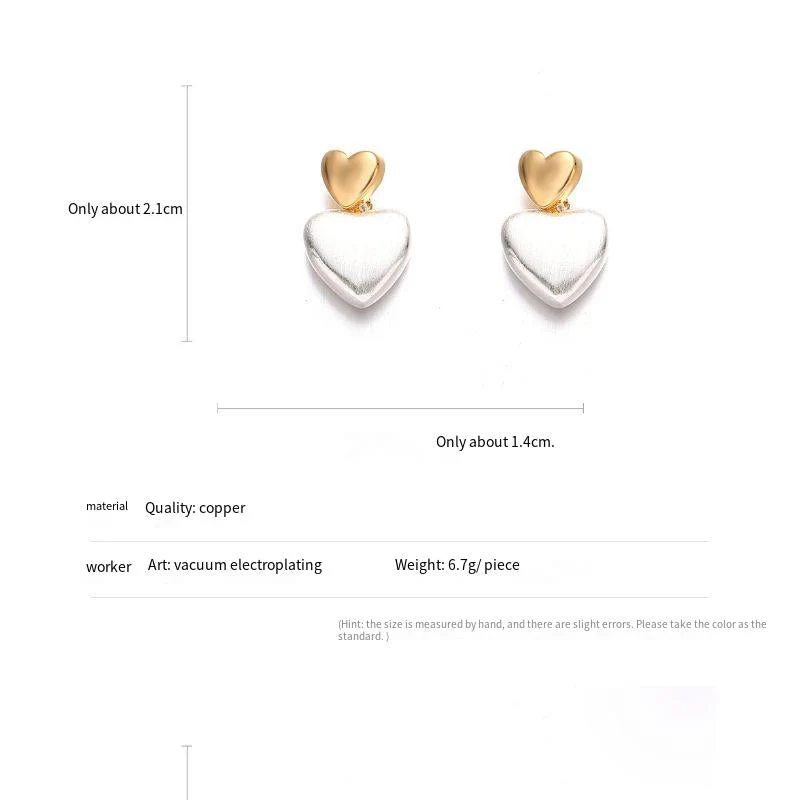 Double love gold wire drawing heart-shaped ball earrings