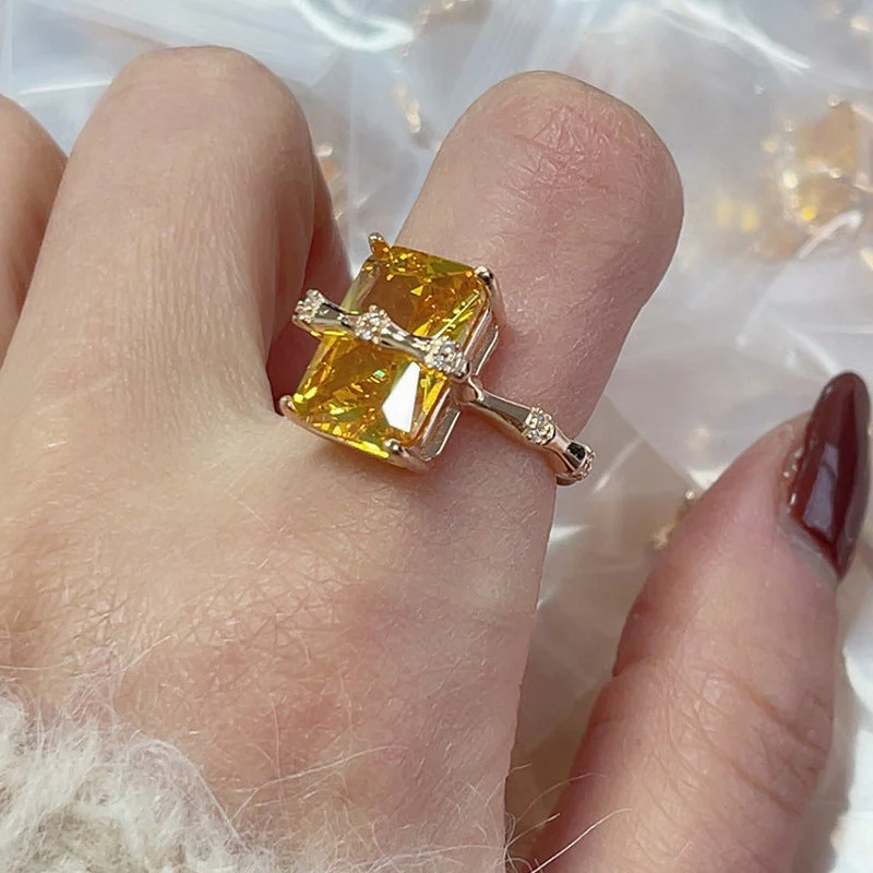 925 sterling silver square citrine bamboo zircon ring