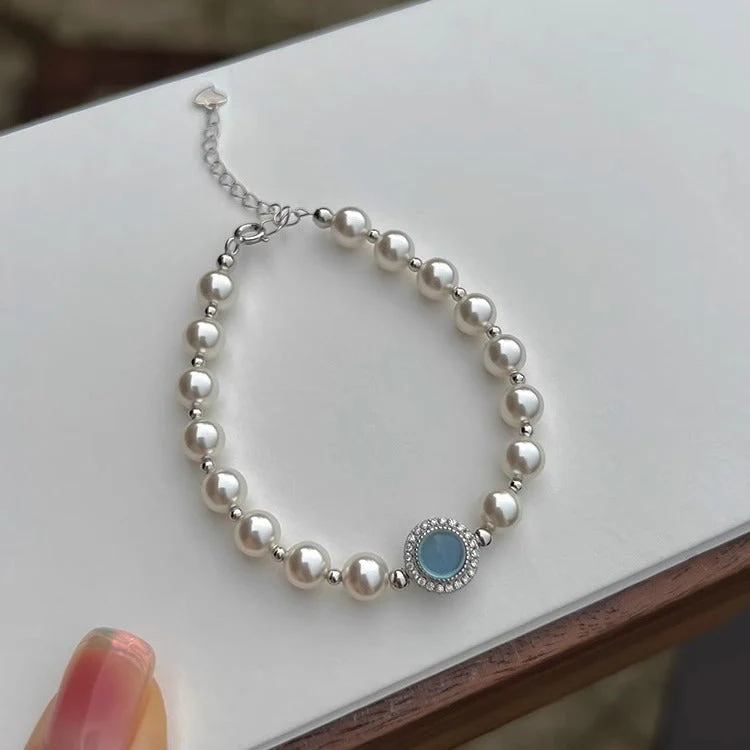 S925 sterling silver Aquamarine Pearl single diamond bracelet