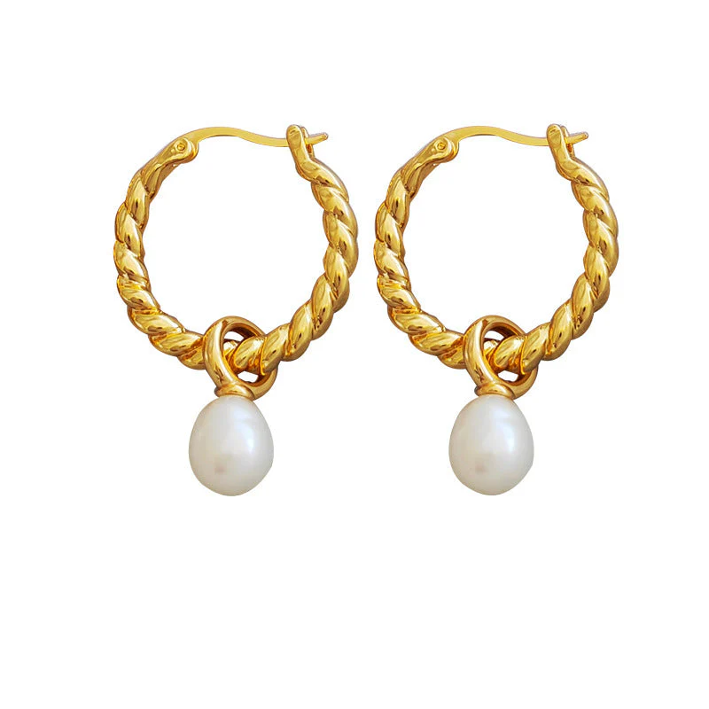 Copper Plated Real Gold Elegant Twist Pearl Earrings