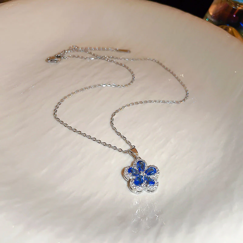 Silver needle micro-inlaid zircon blue flower earring necklace set