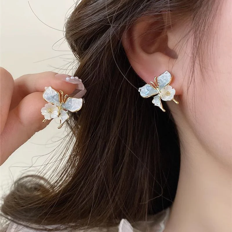 Silver needle gradient blue butterfly flower earrings