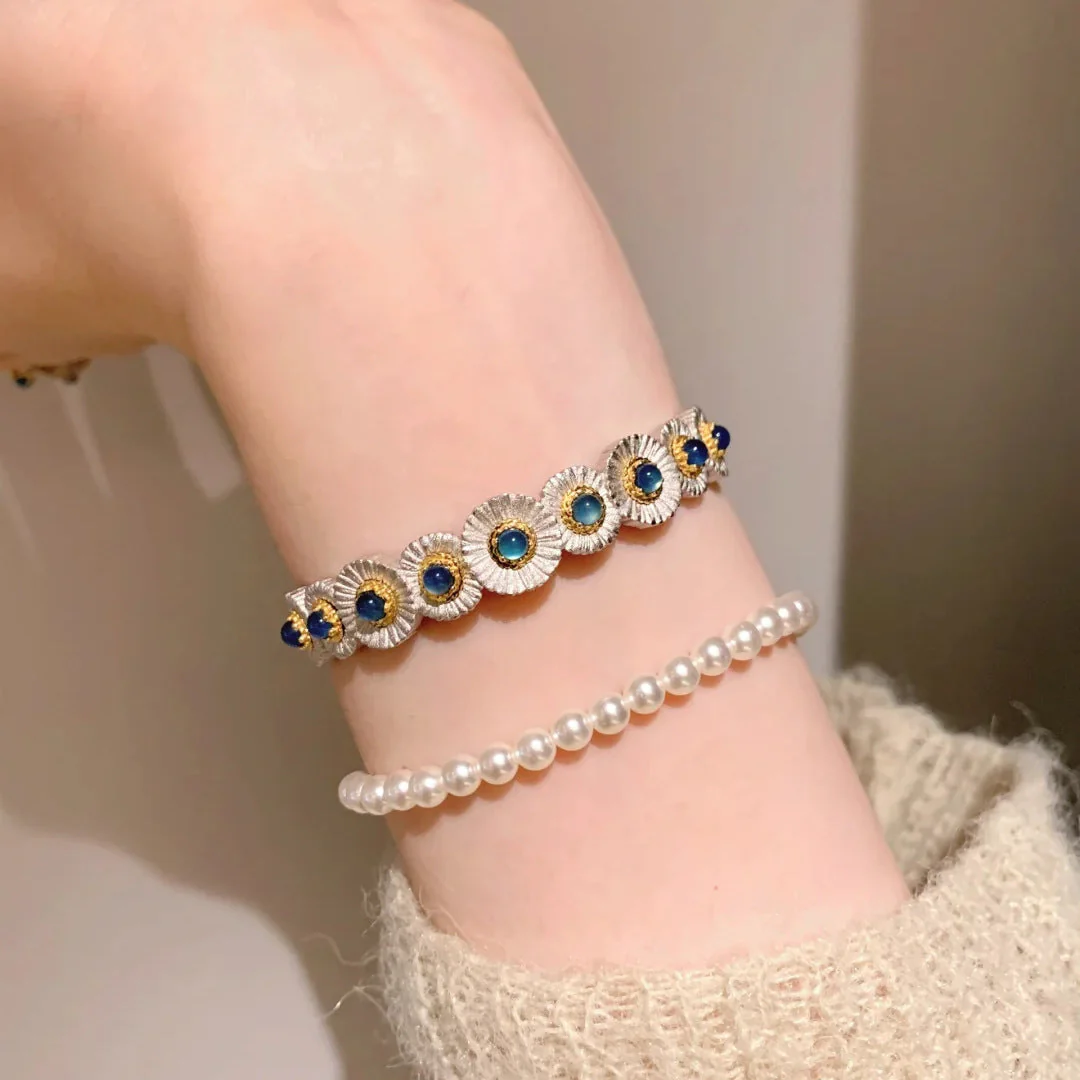Blue chalcedony daisy bracelet ring set