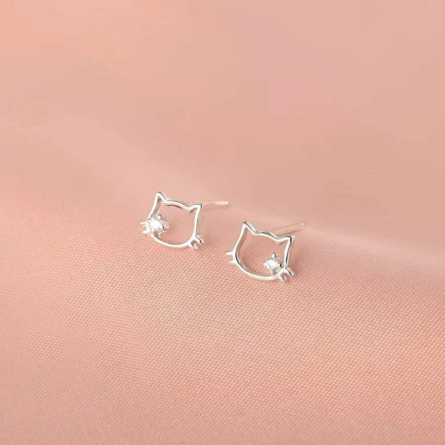 S999 sterling silver hollow cat ear nail earrings