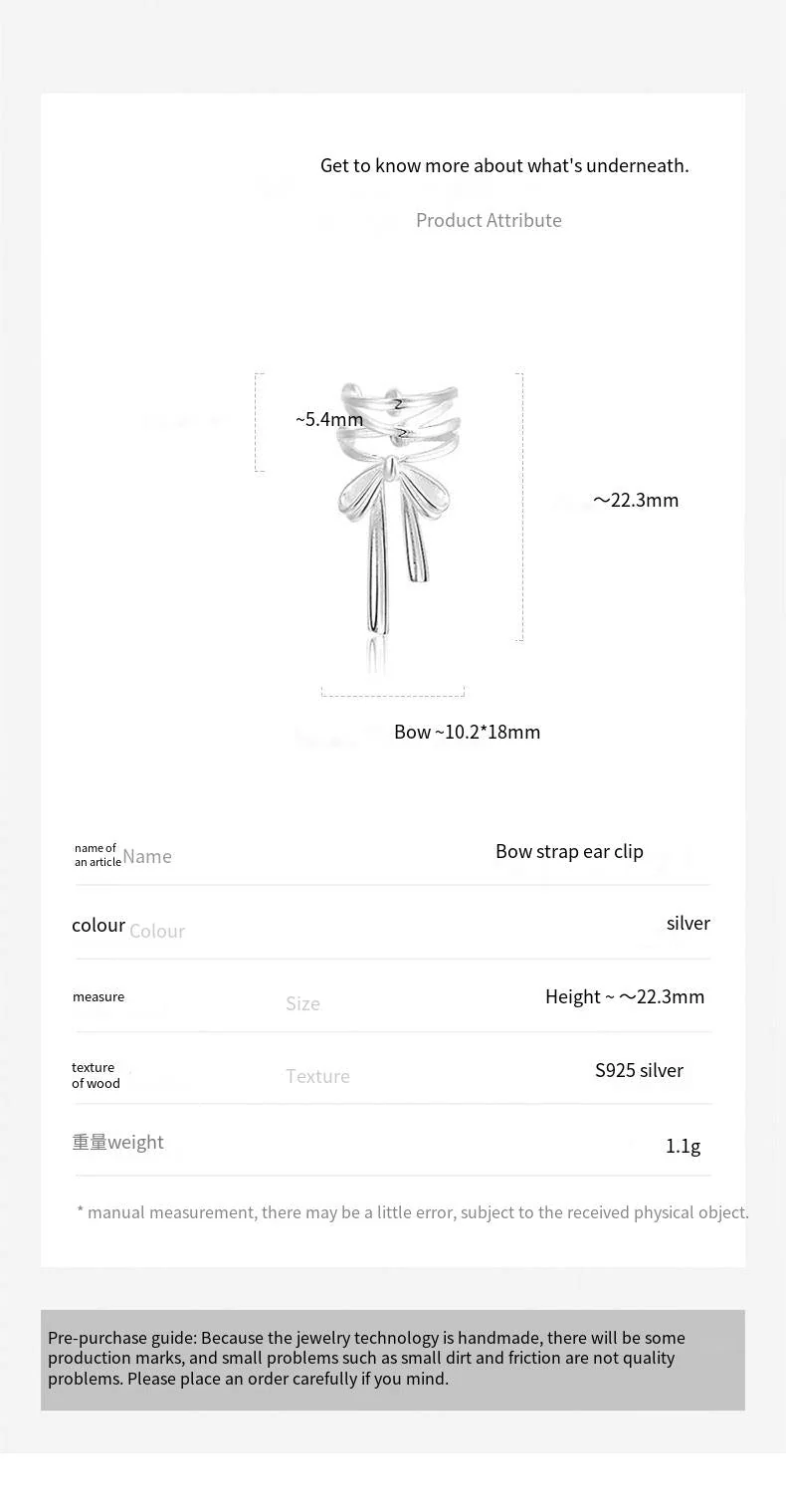 S925 sterling silver ribbon bow ear clip