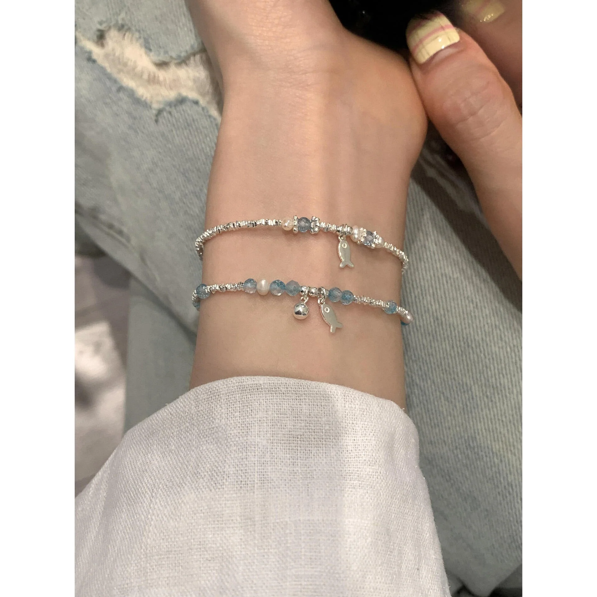 S925 sterling silver blue crystal fish freshwater pearl silver bracelet