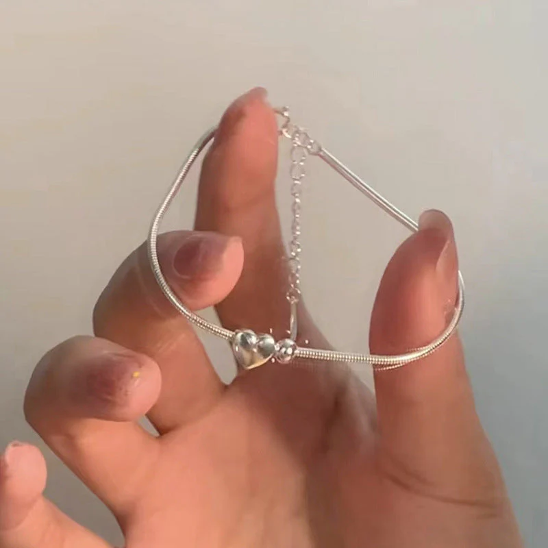 S925 Sterling Silver Heart Ball Snake Bone Bracelet