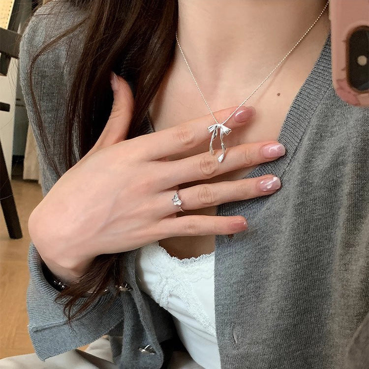 S925 Sterling Silver Ribbon Bow Necklace