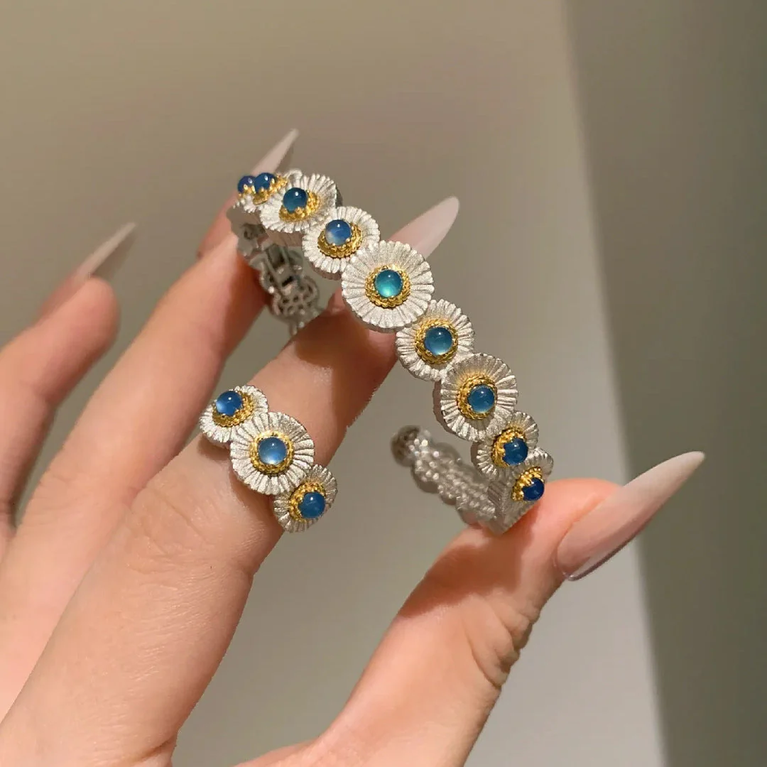 Blue chalcedony daisy bracelet ring set
