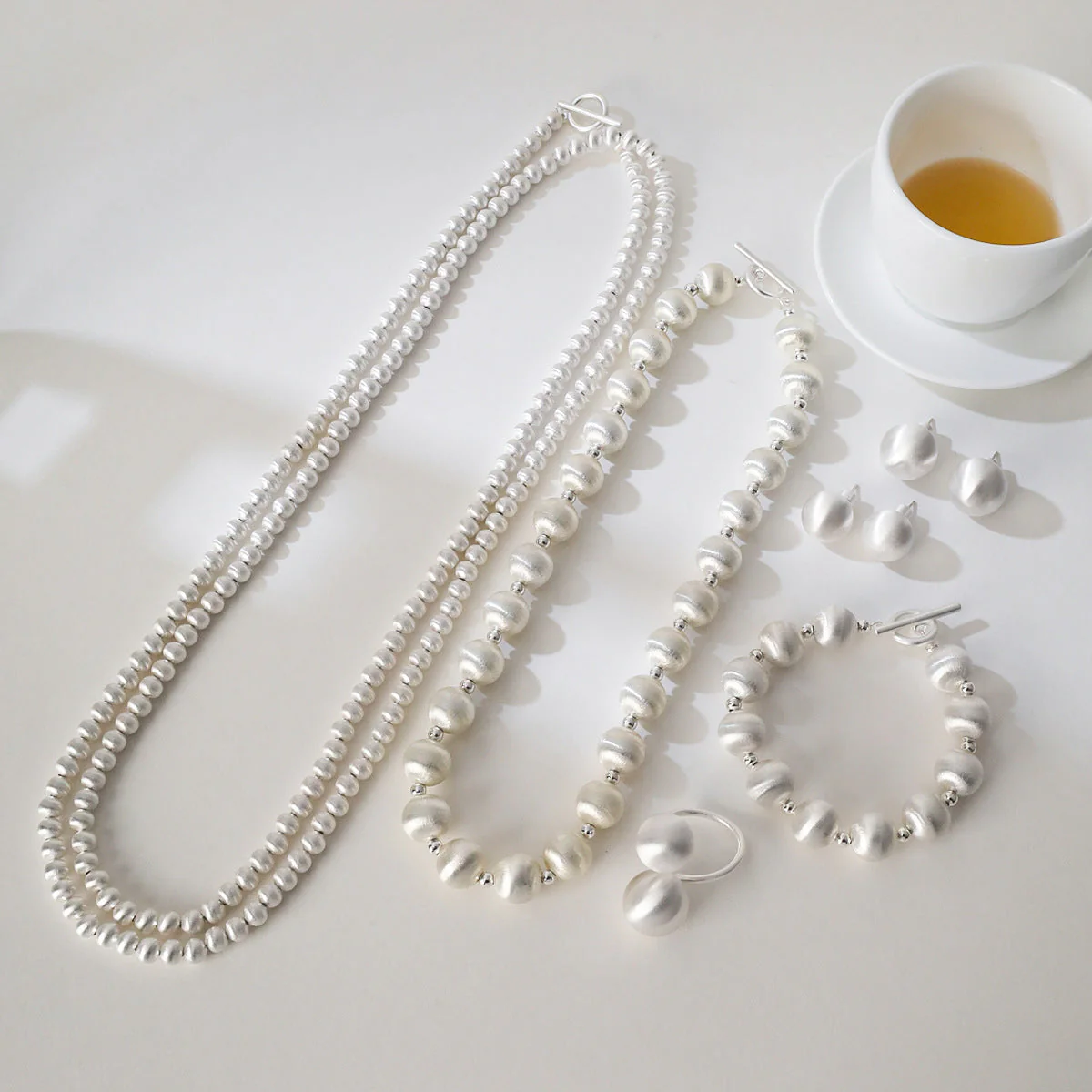 Brushed Beaded Necklace Bracelet ring earrings