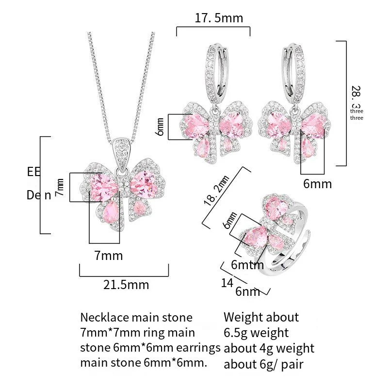 Pink diamond zircon bow earrings ring necklace set