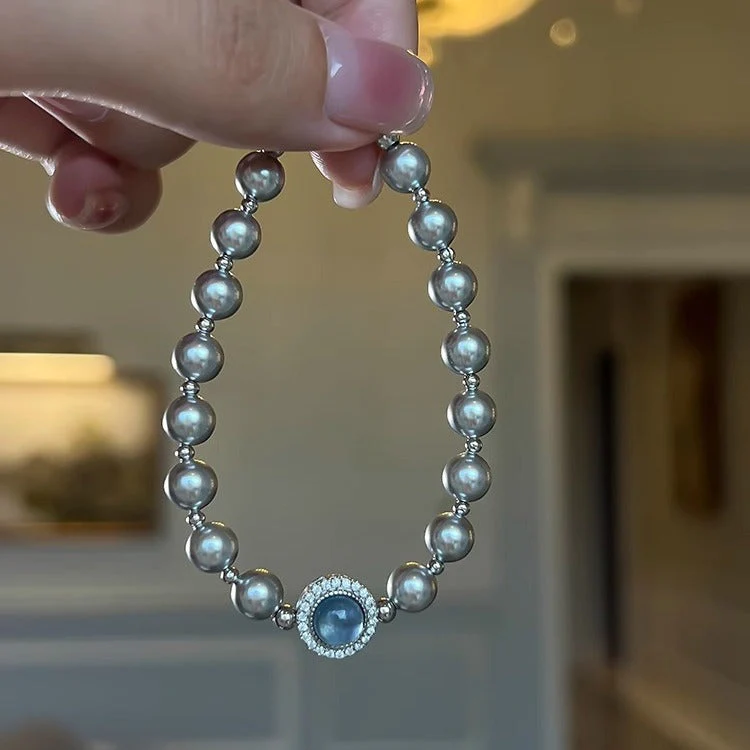 S925 sterling silver Aquamarine Pearl single diamond bracelet