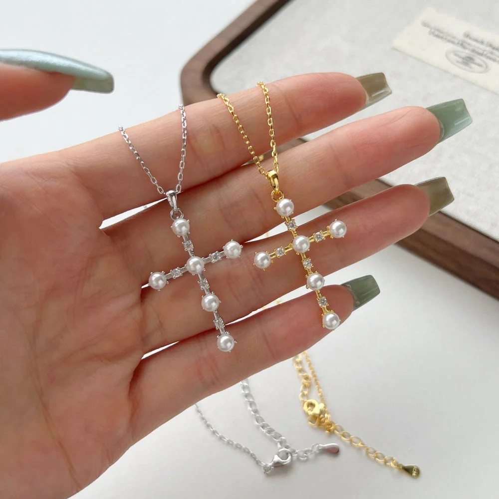 925 sterling silver cross zirconia opal pearl necklace