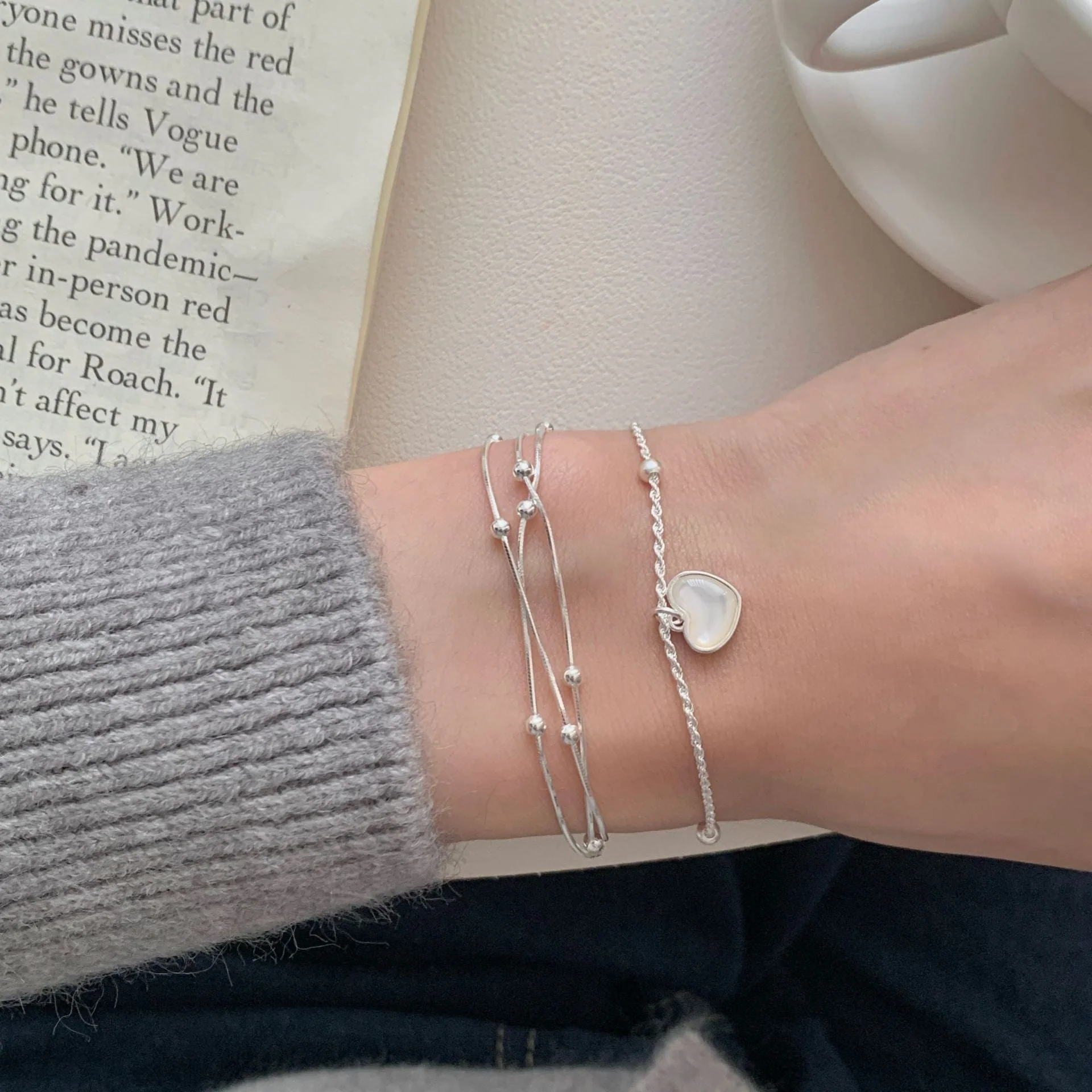 S925 sterling silver three-layer bead snake bone bracelet