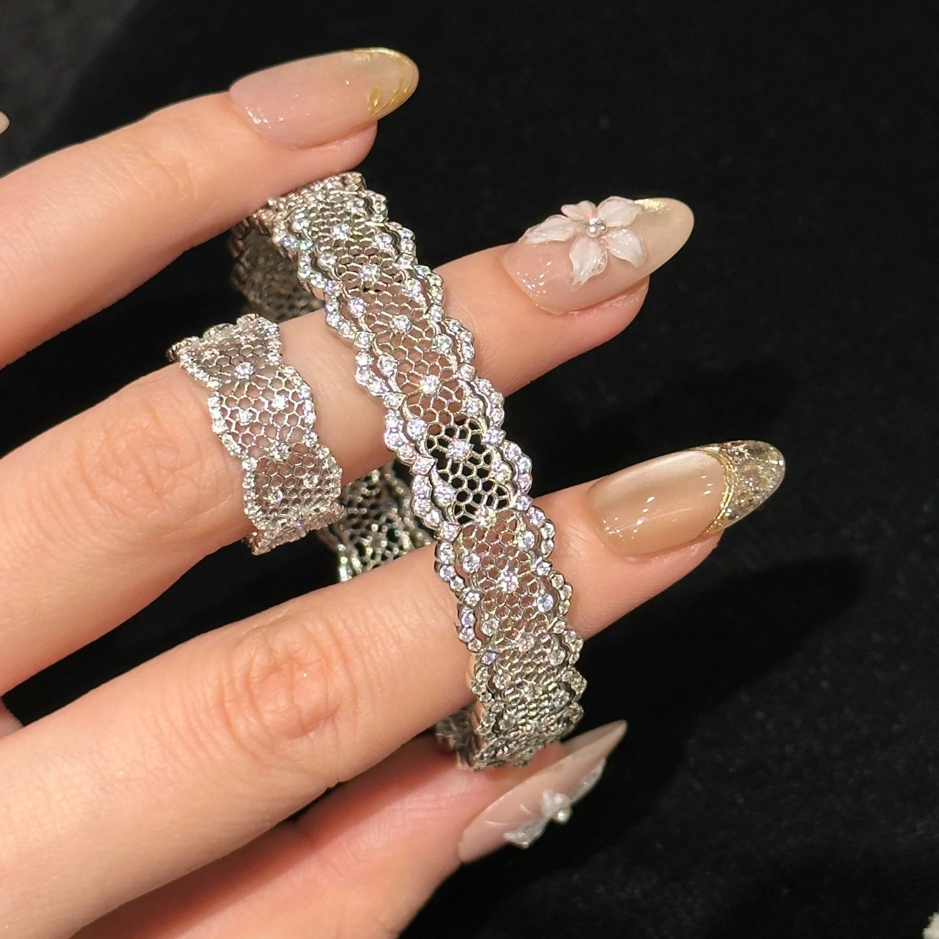 S925 sterling silver openwork lace ring bracelet set