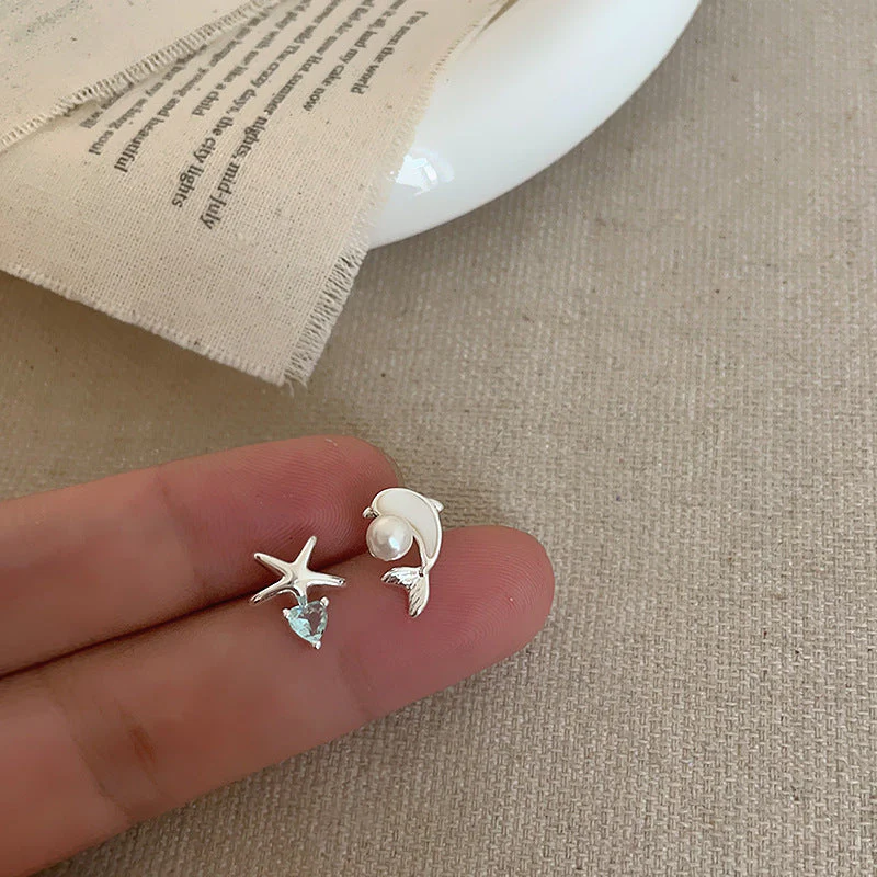 Asymmetric Fritillaria Dolphin Zircon Starfish Earrings