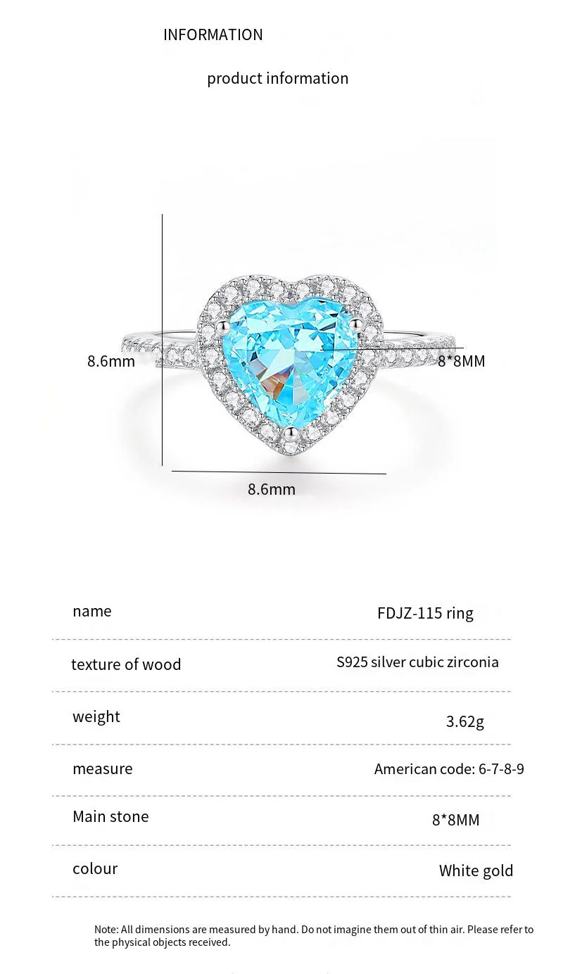 S925 Silver High Carbon Diamond Aquamarine 8A Zircon Reddean gem ring