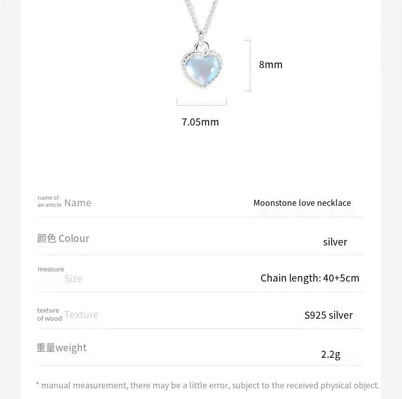 S925 sterling silver gradient colorful moonstone love necklace