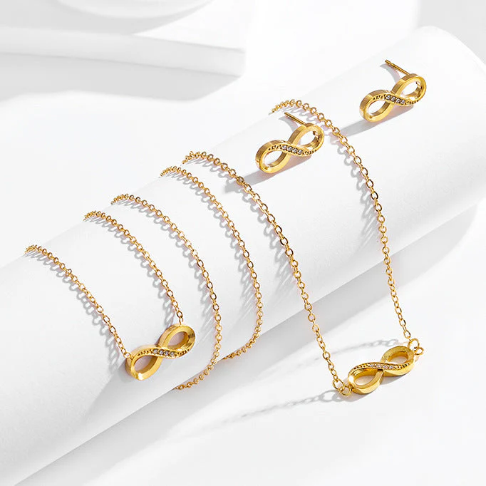 Stainless steel diamond studded infinite loop 8-shaped necklace bracelet earring set