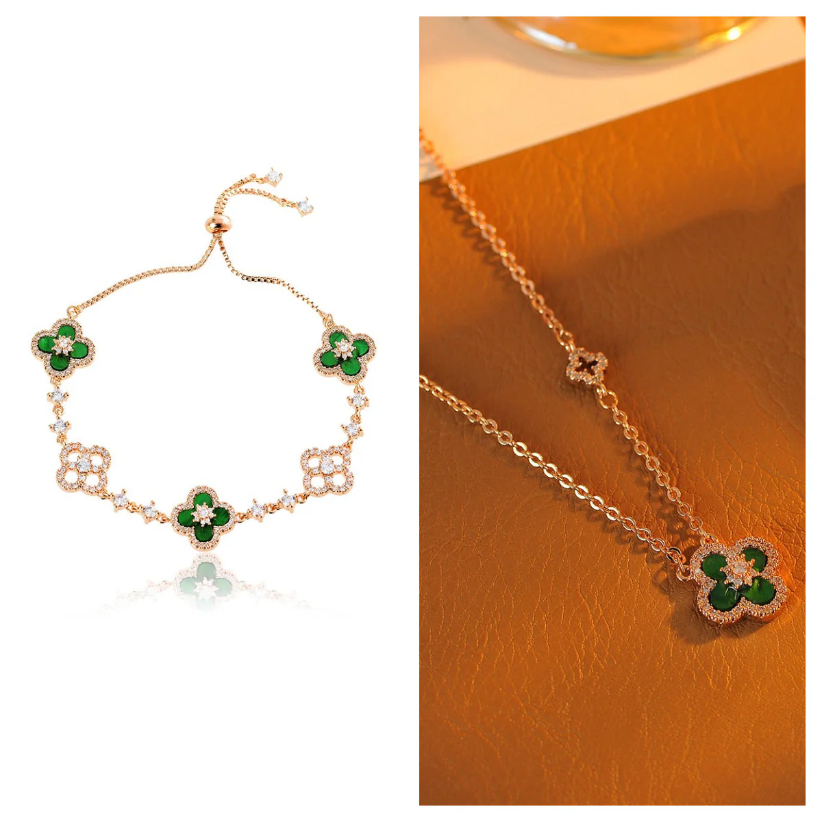 Natural Fritillaria Lucky Clover Bracelet Necklace Set