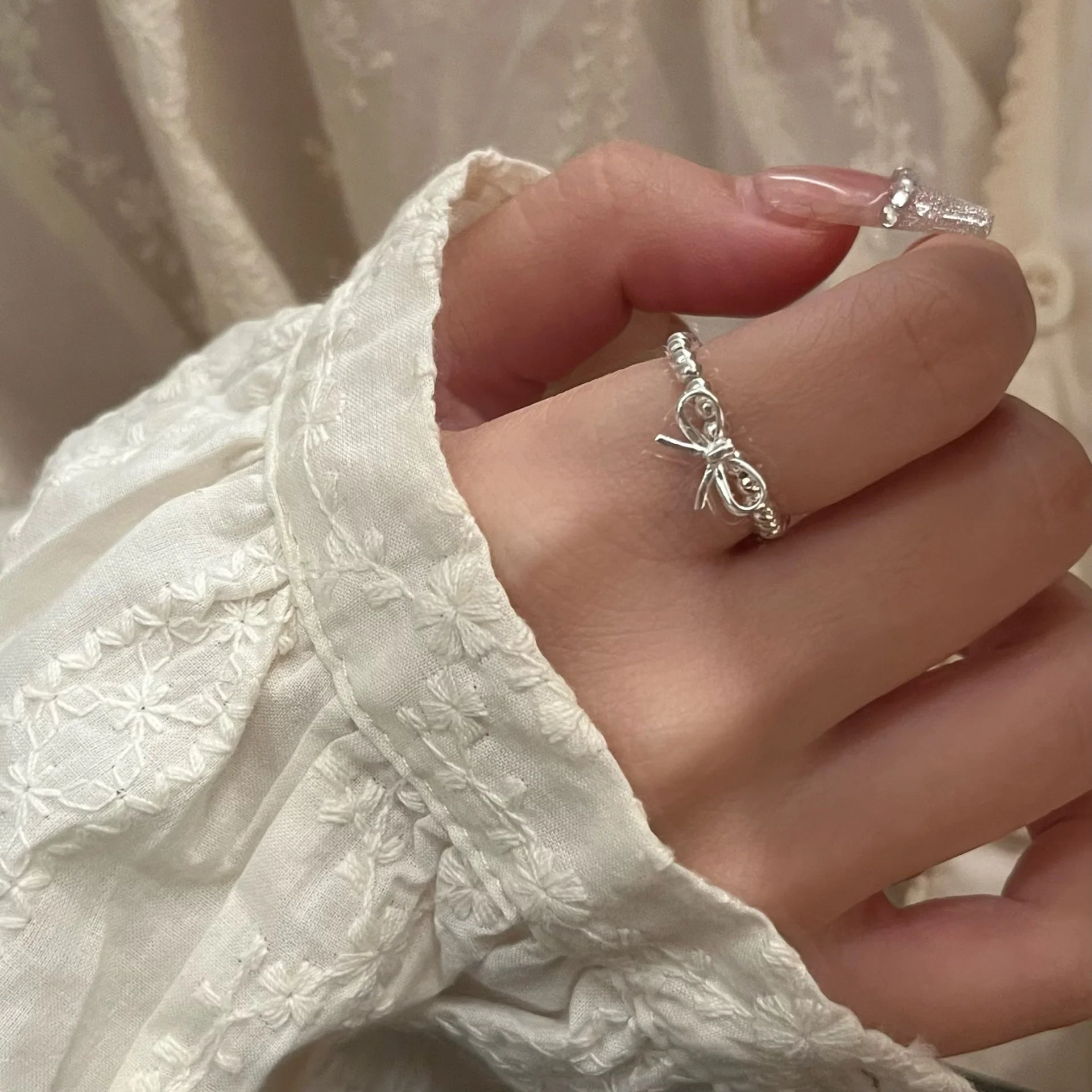 S925 Sterling Silver Bow Beaded Ring