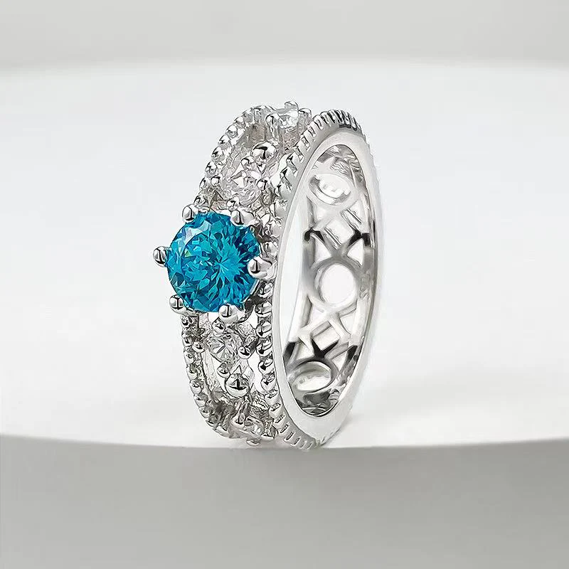 Sea Blue Diamond Hollow Out Design Ring