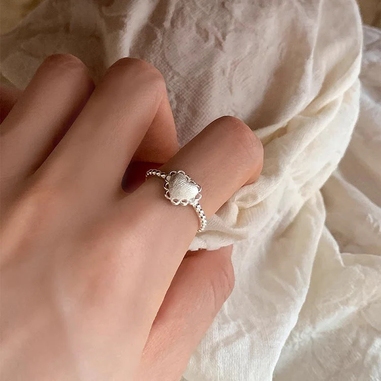 S925 pure silver brushed heart lace lace open ring