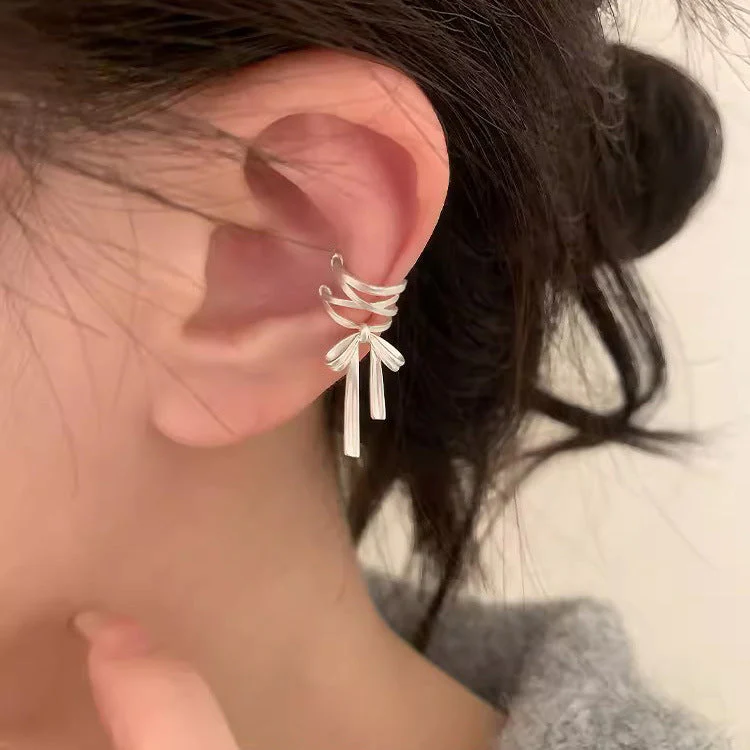 S925 sterling silver ribbon bow ear clip