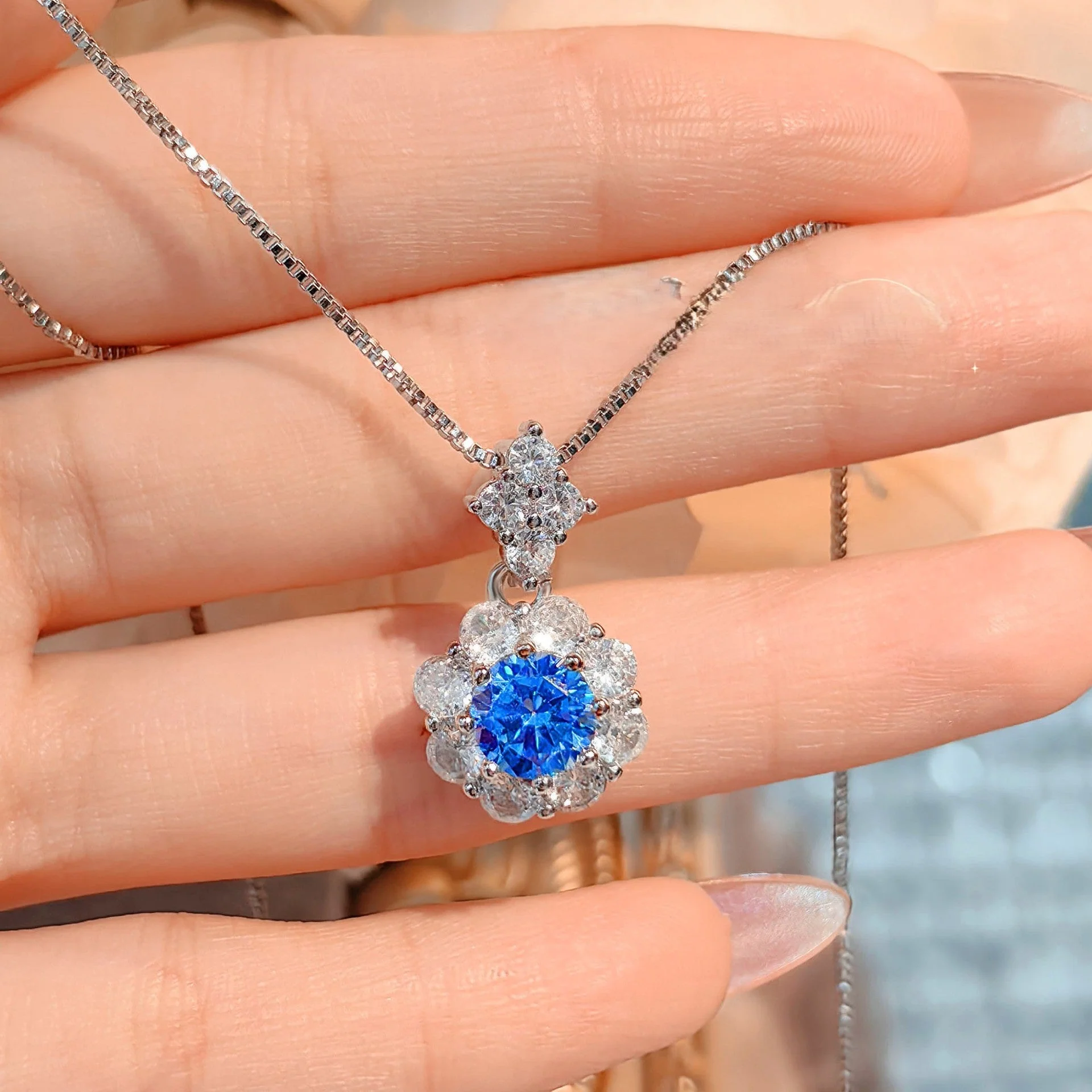 Flower high carbon blue diamond necklace ring earrings set