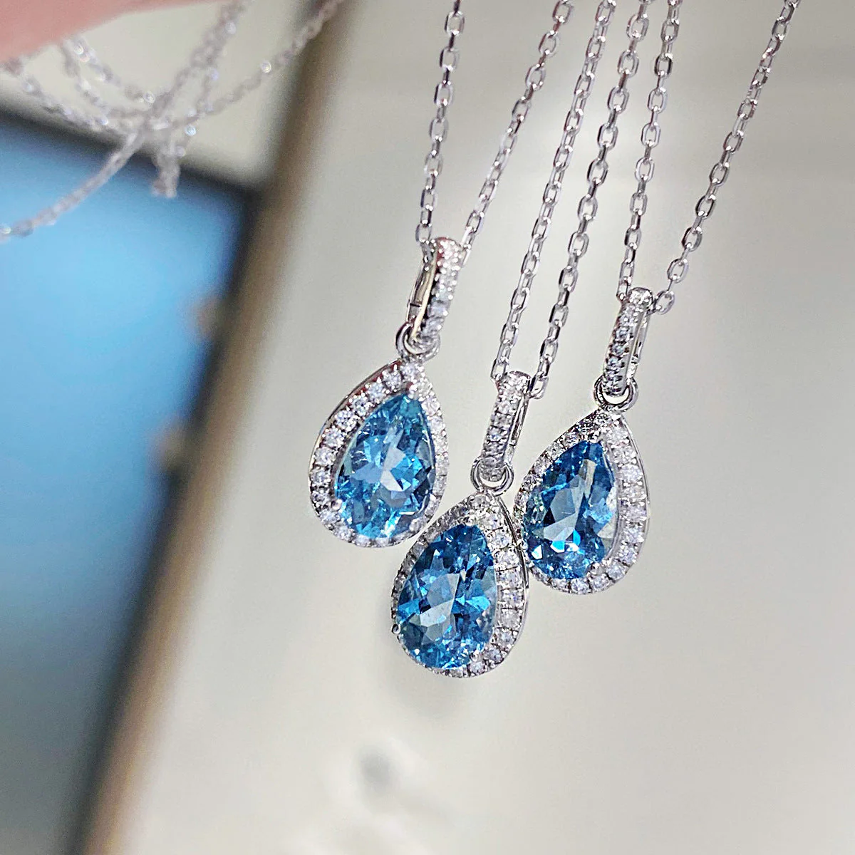 S925 sterling silver sea blue pendant drop necklace