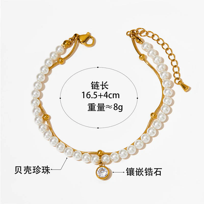 Double shell pearl zircon gold-plated necklace bracelet