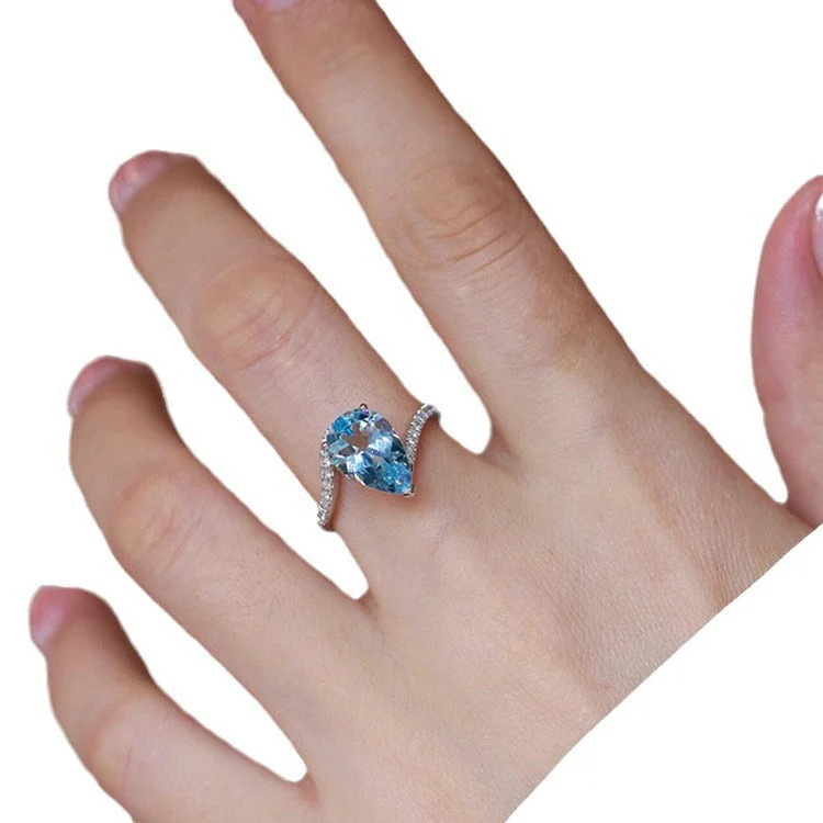 S925 sterling silver sky blue drop necklace ring set