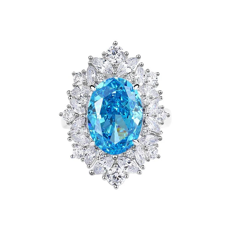 S925 Silver High Carbon Diamond Aquamarine 8A Zircon Reddean gem ring