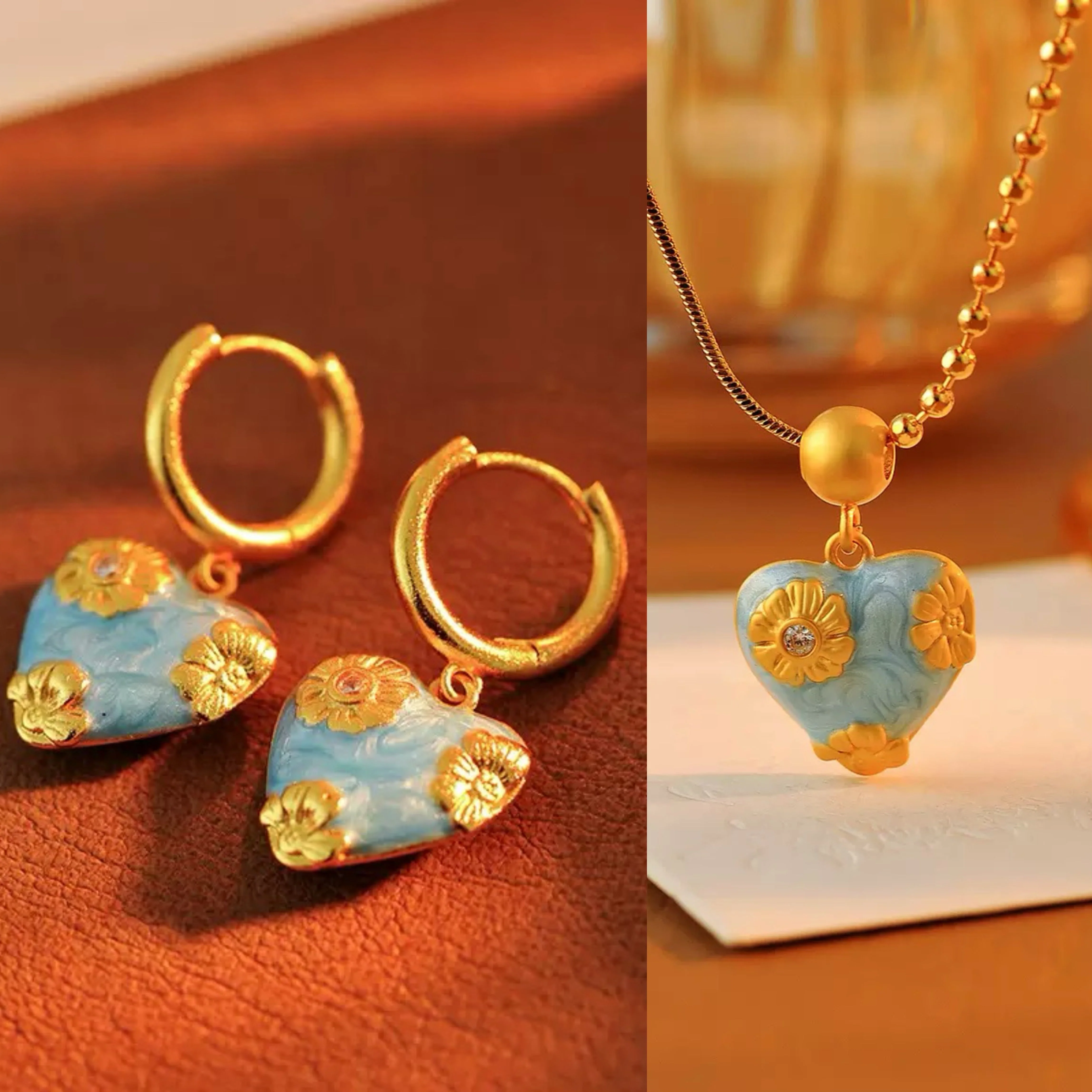 Oil painting sky blue drop glaze carved earrings necklace