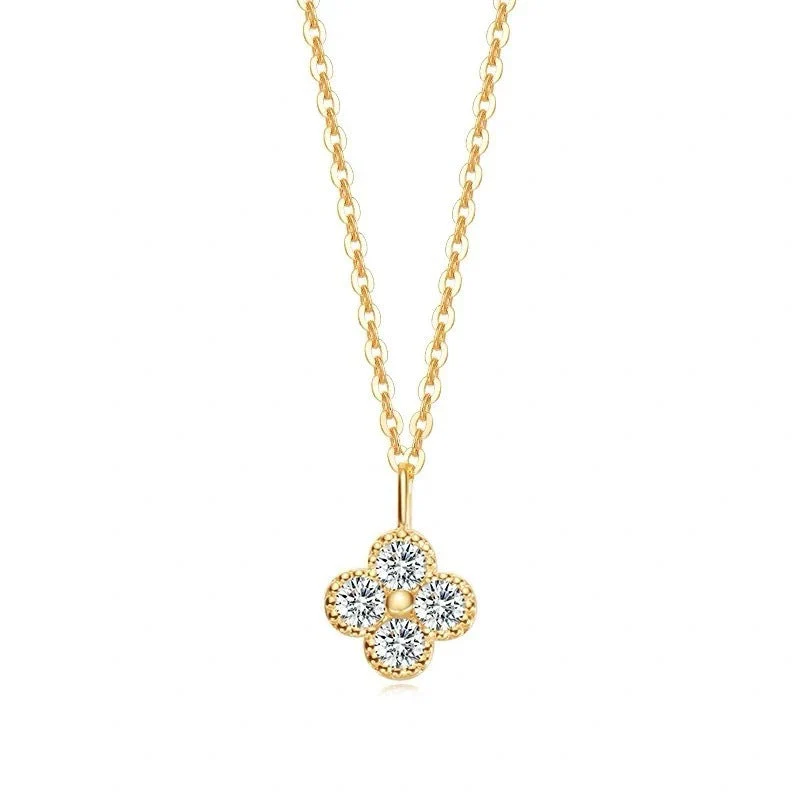 S925 sterling silver plated with 14K gold four-leaf clover flower diamond necklace