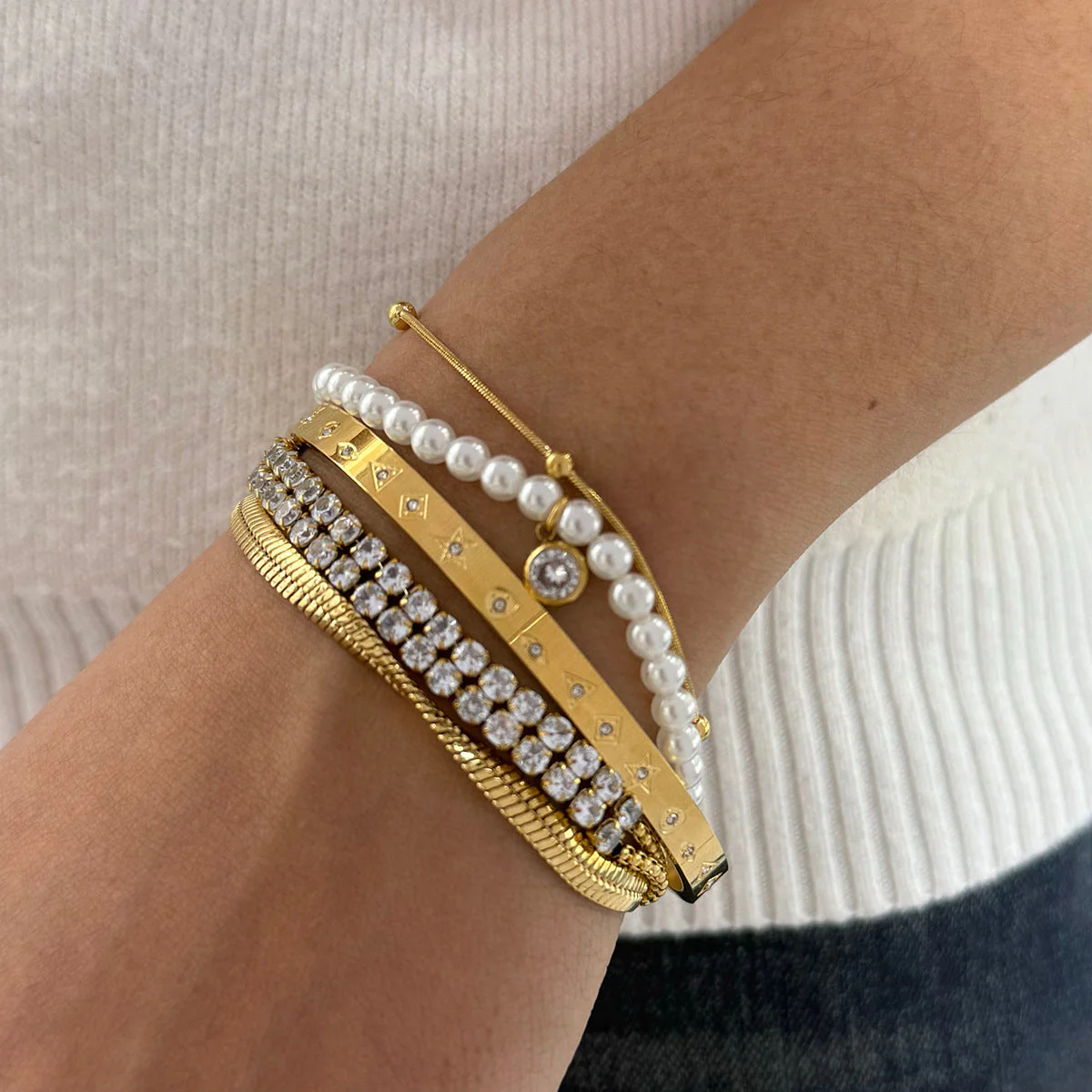 Pearl zircon stainless steel bracelet