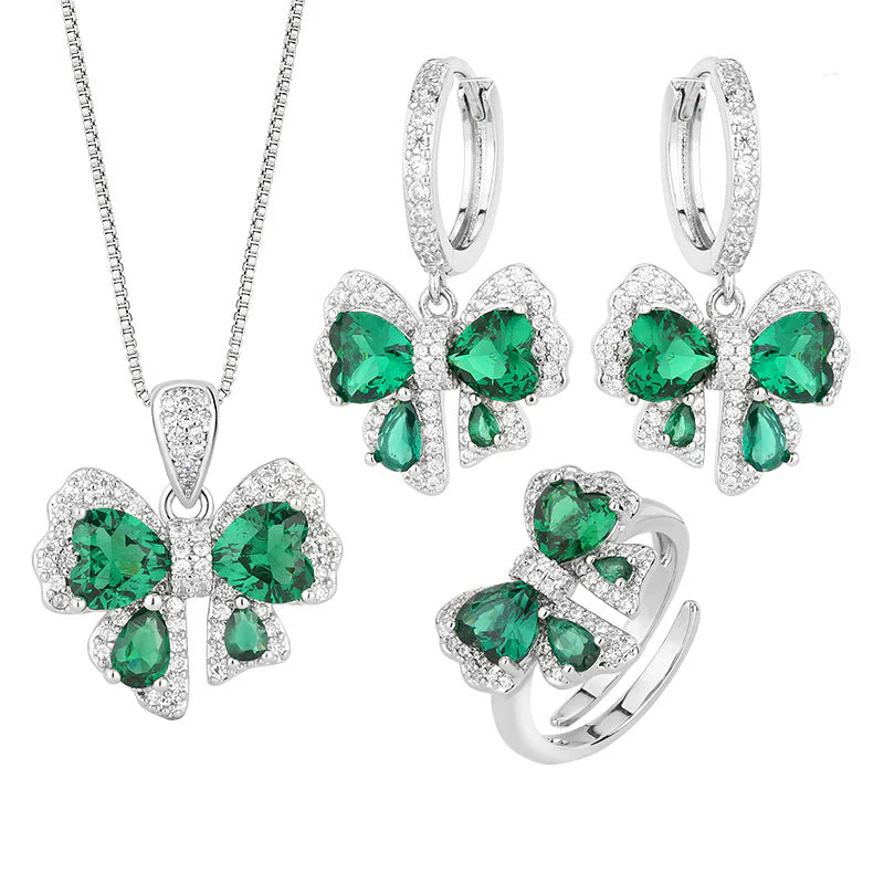 Emerald Butterfly Set S925 Silver Needle Earrings Necklace Ring