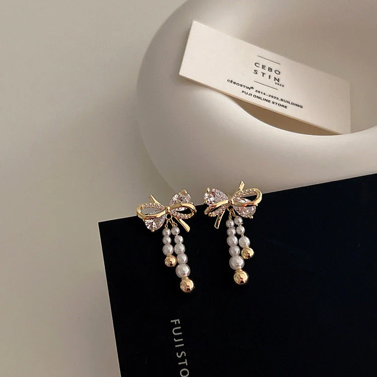 Zircon Pearl Bow Tassel Earrings